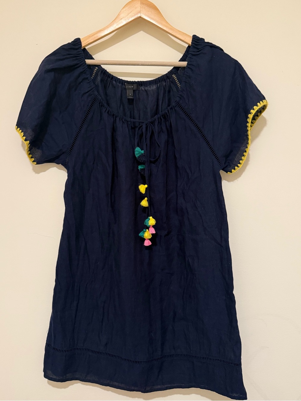 J. Crew Navy Peasant Tunic with Multicolor Tassels